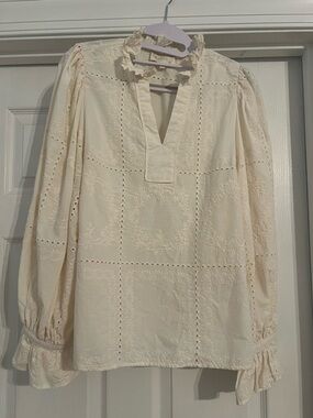entro Cream Eyelet & Embroidered Ruffle-Neck Blouse